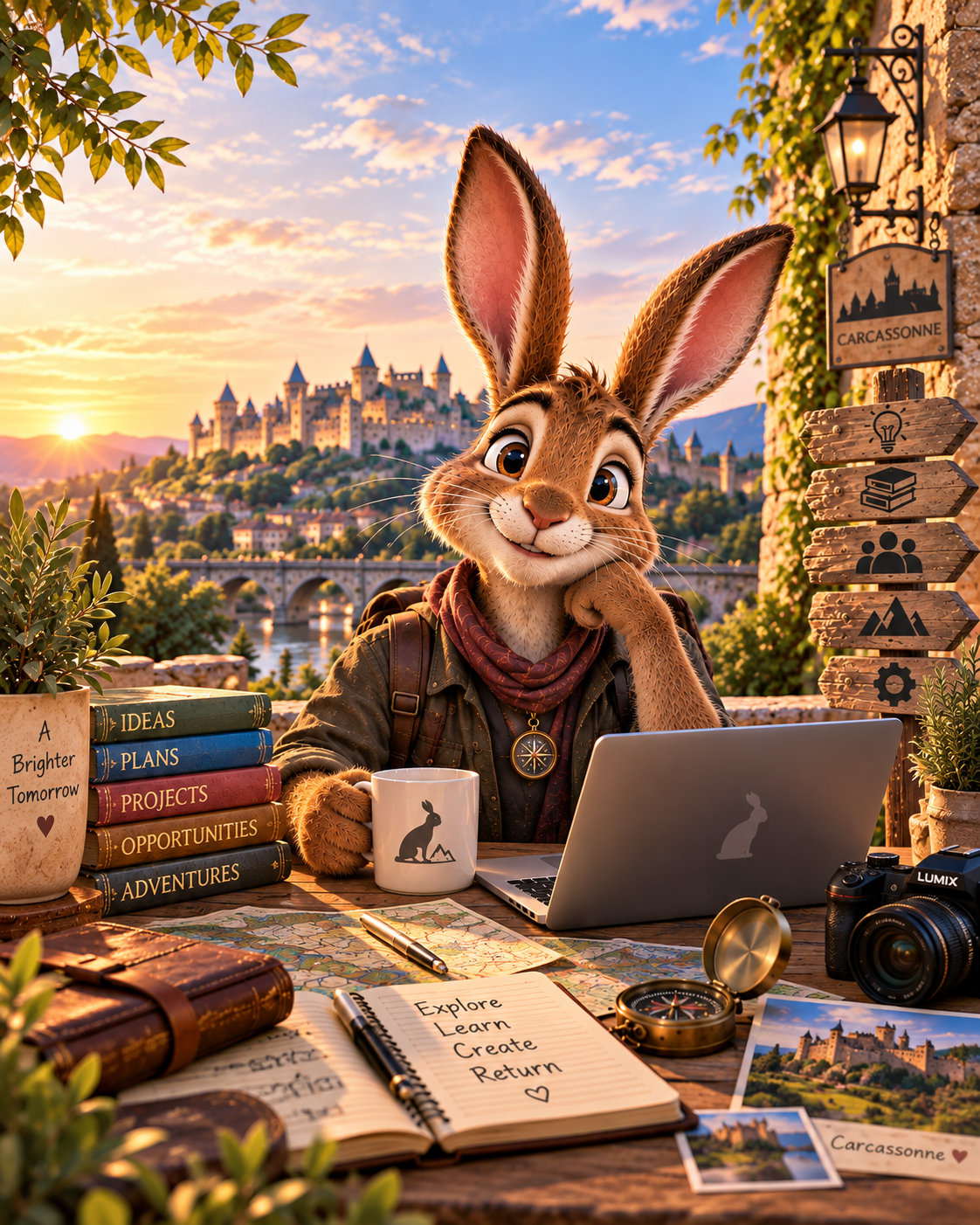 Jack Rabbit as a warm AI guide at a desk overlooking Carcassonne at golden hour.
